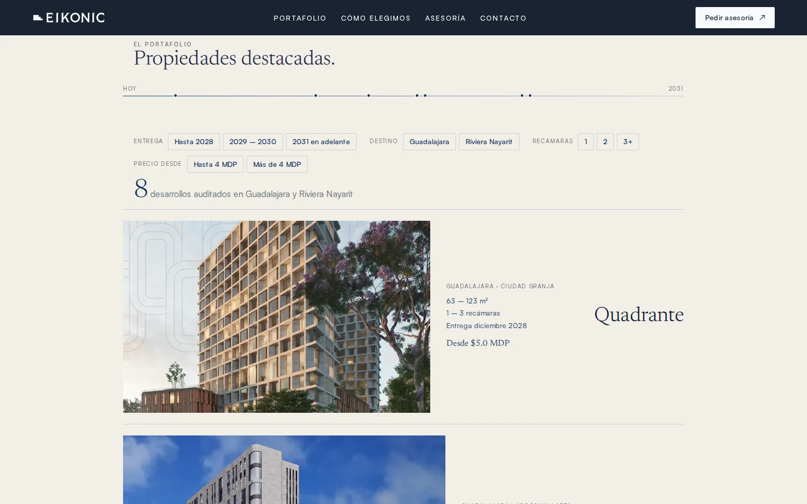 El portafolio del catálogo nuevo: 8 desarrollos auditados en Guadalajara y Riviera Nayarit, con filtros por entrega, destino, recámaras y precio