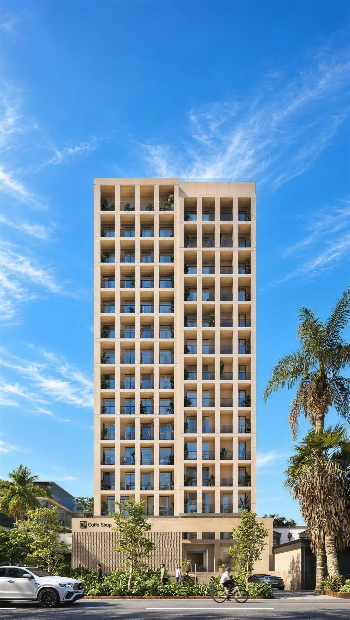 Torre HOF Lofts de día, fachada de retícula de concreto